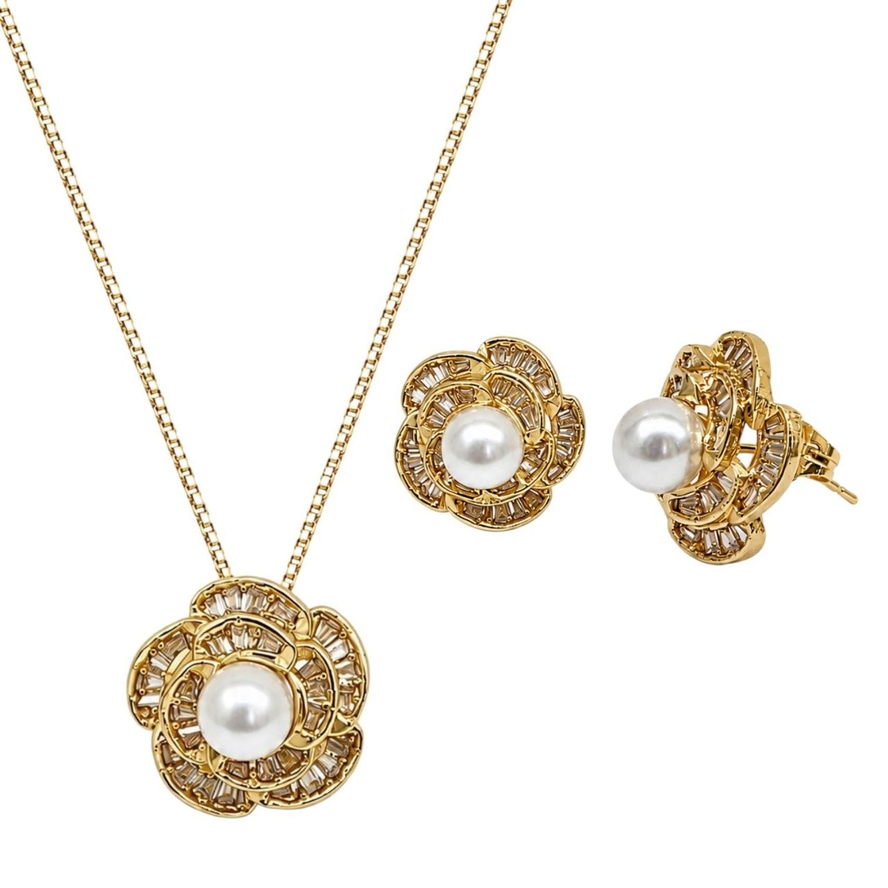 SET DE ENCHAPE PARA DAMA CON DISEÑO DE FLOR FLORAL DE CIRCONES Y PERLA CENTRAL