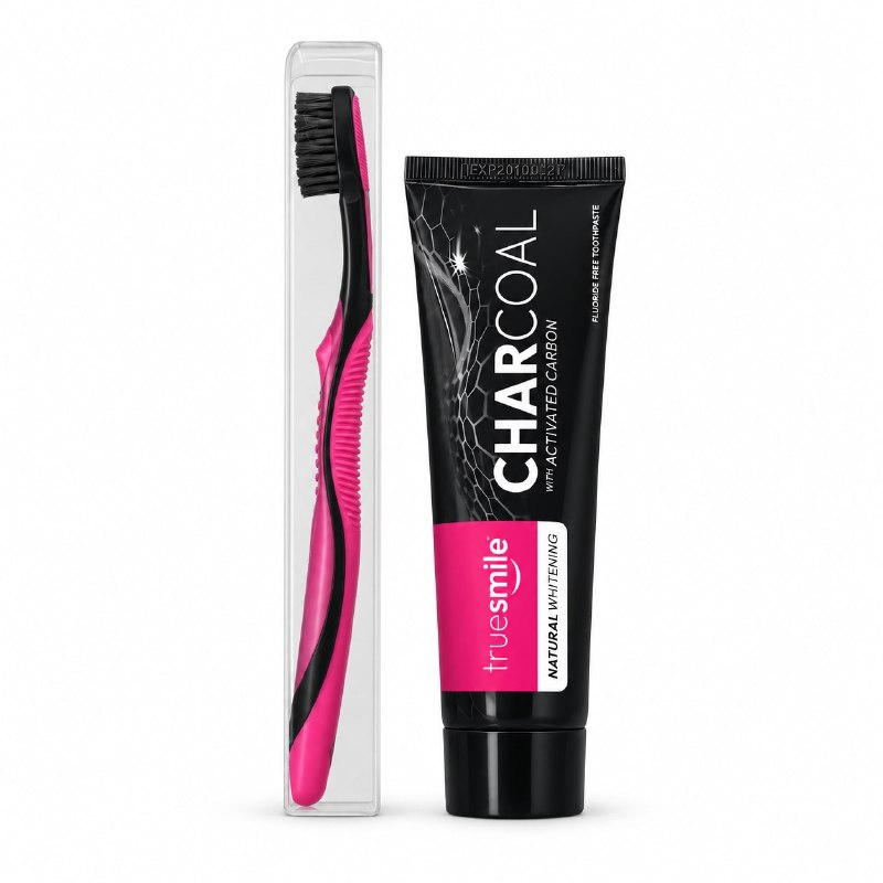 PASTA DENTAL BLANQUEADORA SIN FLUOR CON CARBON ACTIVO E INCLUYE CEPILLO TRUESMILE 100ML