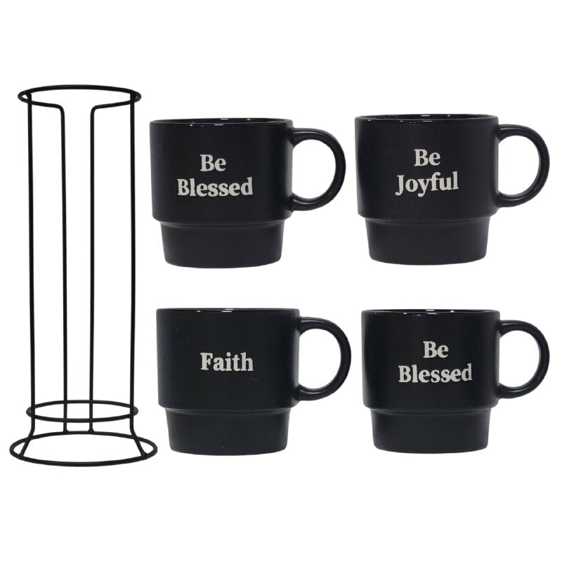 JUEGO DE 4 TAZAS DE CAFE APILABLES CON ESTANTE DE METAL ELEGANTES DE FE 9X10CM