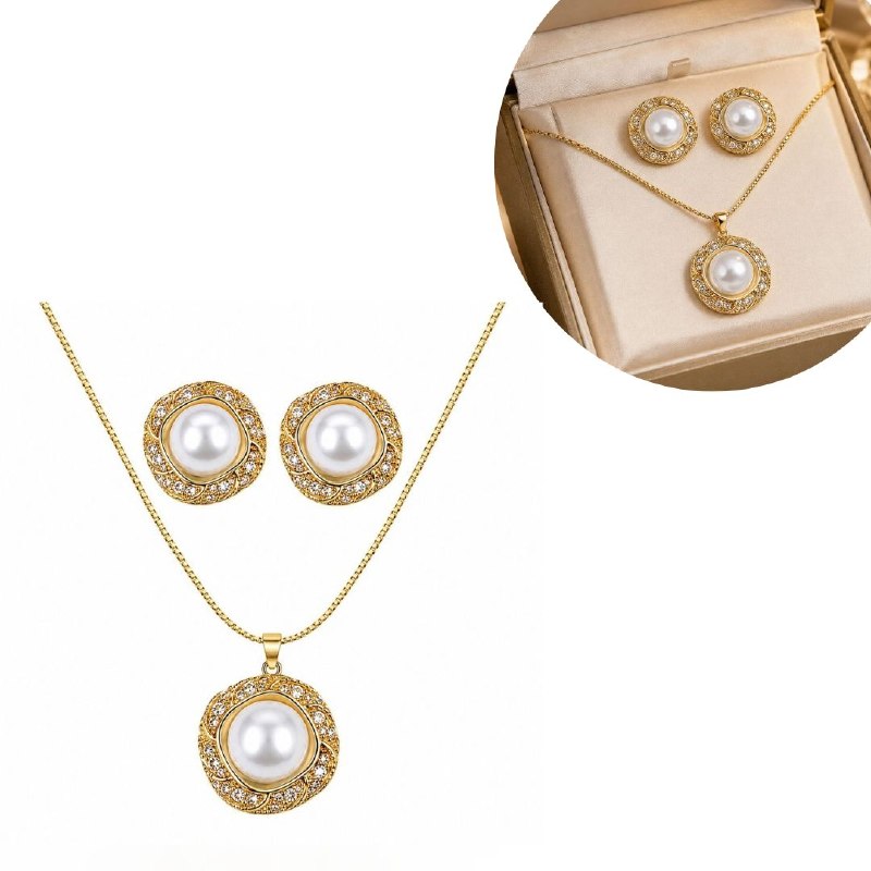 SET DE ENCHAPE PARA DAMA CADENA, DIJE Y TOPOS CIRCULAR CON PERLA Y CIRCONES