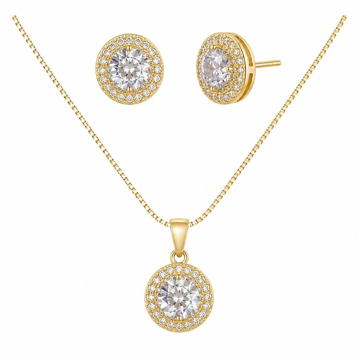 SET DE ENCHAPE PARA DAMA CADENA, DIJE Y TOPOS CIRCULAR SOLITARIO CON HALO DE CIRCONES