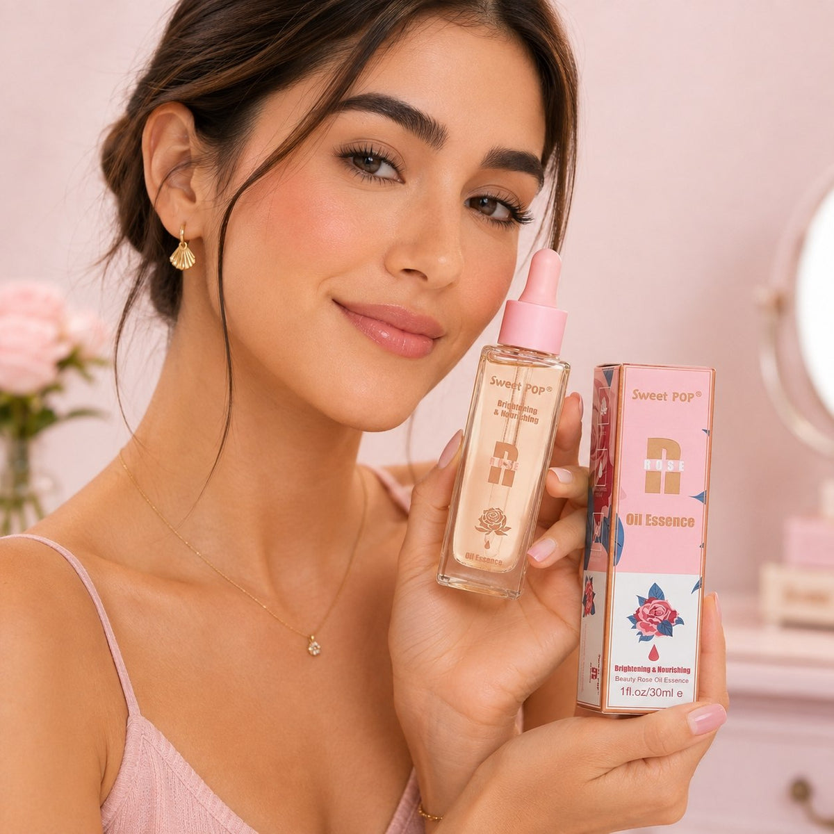 ACEITE FACIAL ILUMINADOR Y NUTRITIVO DE ROSA, EXTRACTOS VEGETALES, INOSITOL, ACIDO ETILO, MEJORA LA PIEL DESHIDRATADA, SUAVE SWEET POP ROSE OIL ESSENCE 30ML