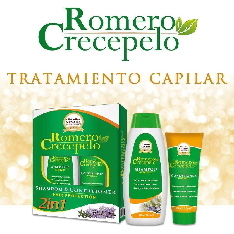 SHAMPOO PARA EL CABELLO EN SET 2 EN 1, SHAMPOO 420ML Y ACONDICIONADOR 200ML DE ROMERO CRECEPELO, TRATAMIENTO CAPILAR CON EXTRACTO DE ROMERO, PREVIENE LA PERDIDA DEL CABELLO Y LO DEJA SUAVE Y BRILLANTE NEVADA