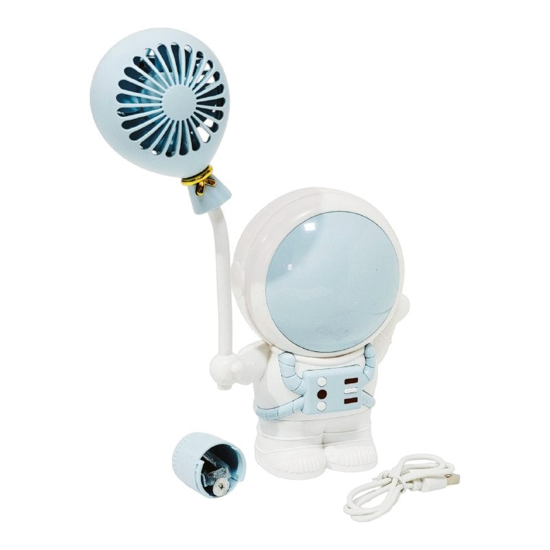 VENTILADOR DE MANO PORTATIL RECARGABLE CON SACAPUNTAS INTEGRADO DE ASTRONAUTA 23X11CM