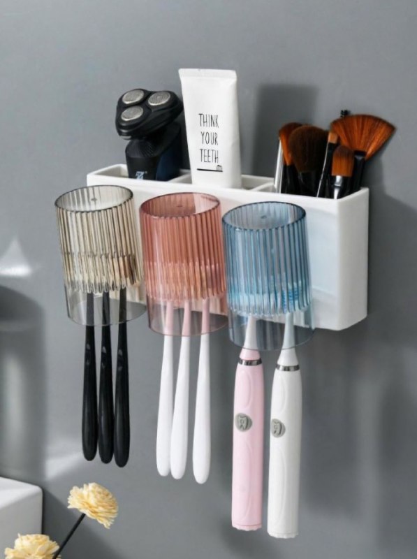 ESTANTE ORGANIZADOR PARA BAÑO CON DEPOSITO PARA CEPILLO DE DIENTES Y UTENSILIOS DE BELLEZA, INCLUYE 3 VASOS PARA ENJUAGAR, FACIAL DE LIMPIAR GOOD LIFE