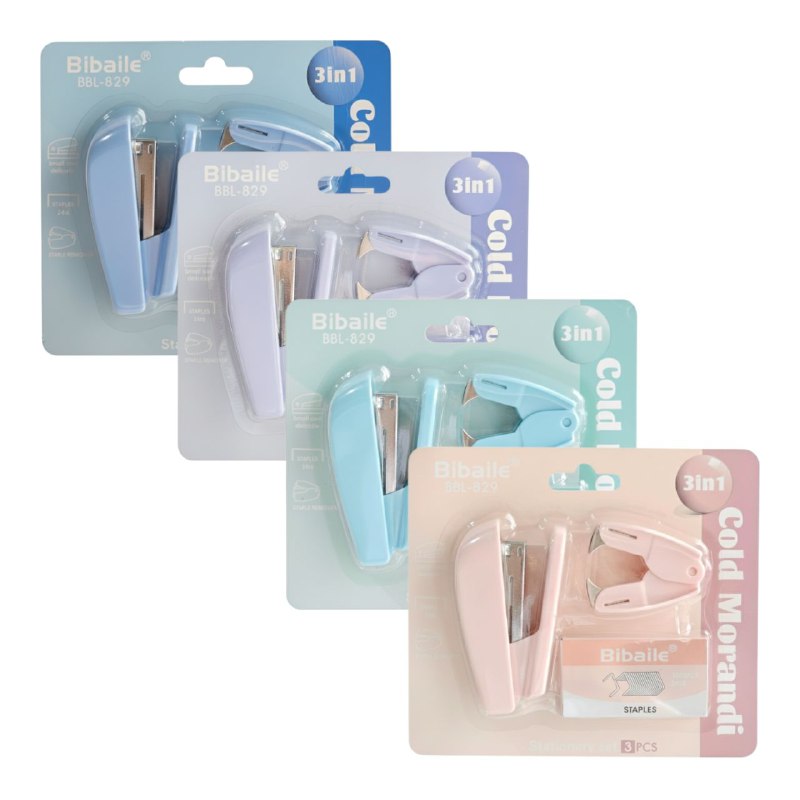 SET DE UTILES DE PAPELERIA PARA NIÑOS 3 EN 1, GRAPADORA, GRAPAS, CORRECTOR, QUITAGRAPAS BIBAILE BBL-829