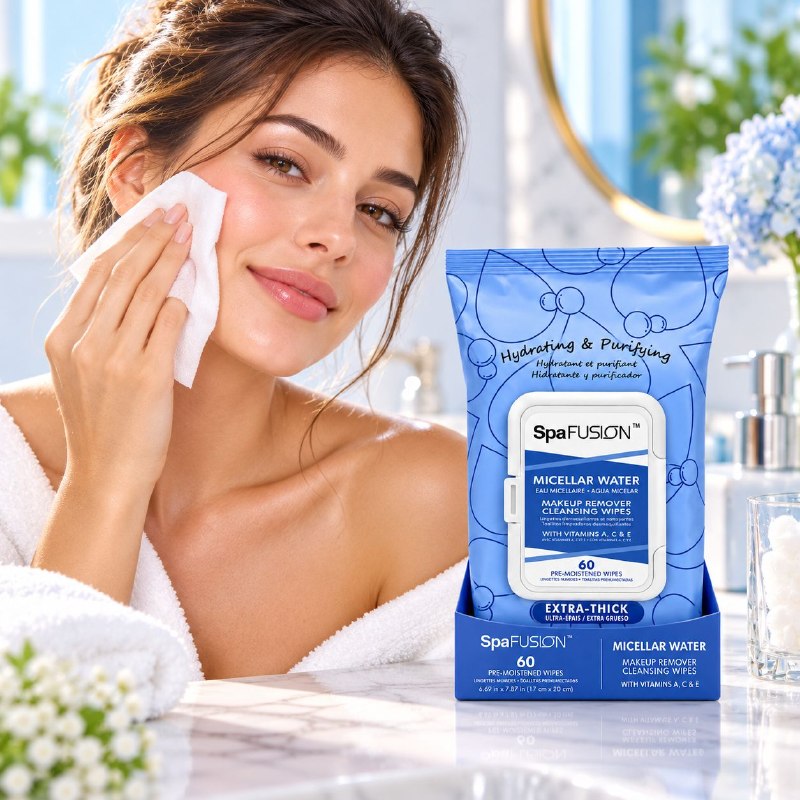 TOALLITAS HUMEDAS FACIALES DESMAQUILLANTES Y LIMPIADORAS CON AGUA MICELAR SPA FUSION 60UND
