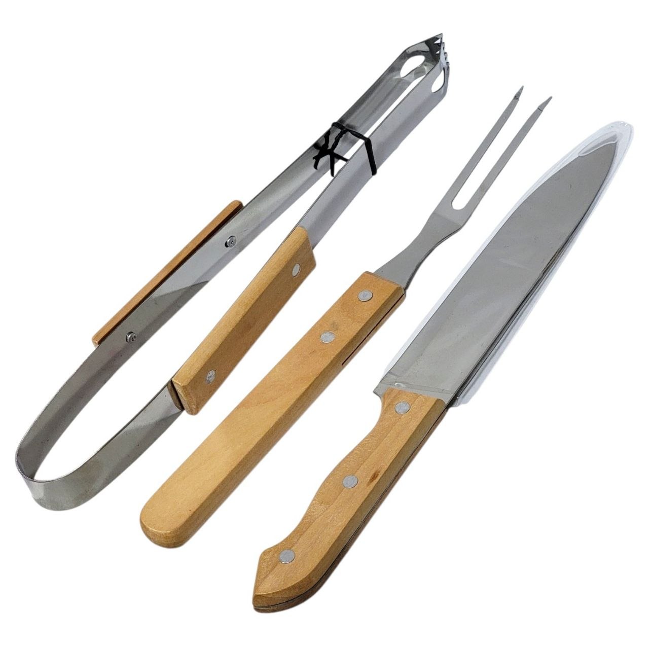 SET PARRILLERO PINZAS, UN TENEDOR TRINCHANTE Y UN CUCHILLO ACERO INOXIDABLE 3 PIEZAS