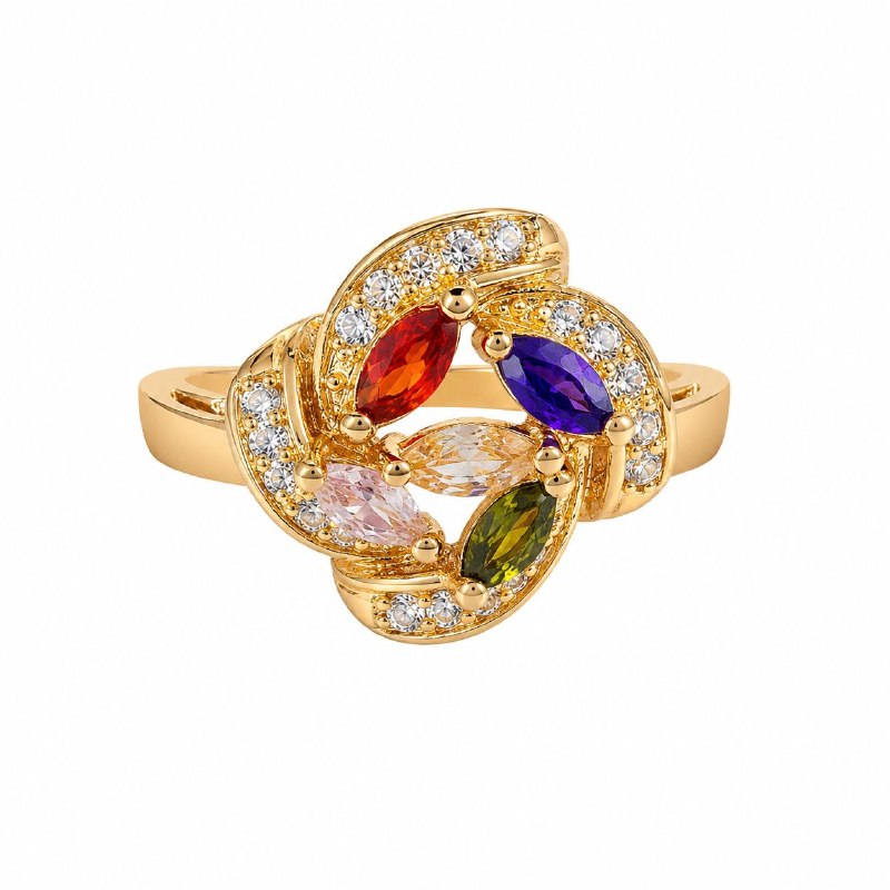 ANILLO DE ENCHAPE PARA DAMA CON DISEÑO DE FLOR CON PIEDRAS DE COLORES