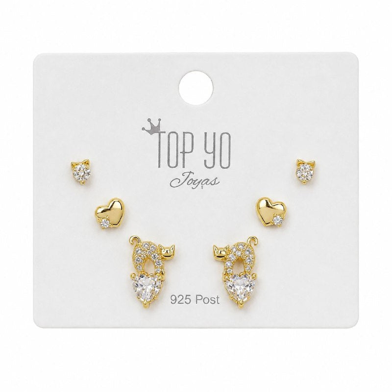 SET DE 3 PARES DE ARITOS DE ENCHAPE PARA DAMA CON DISEÑO DE CORAZON