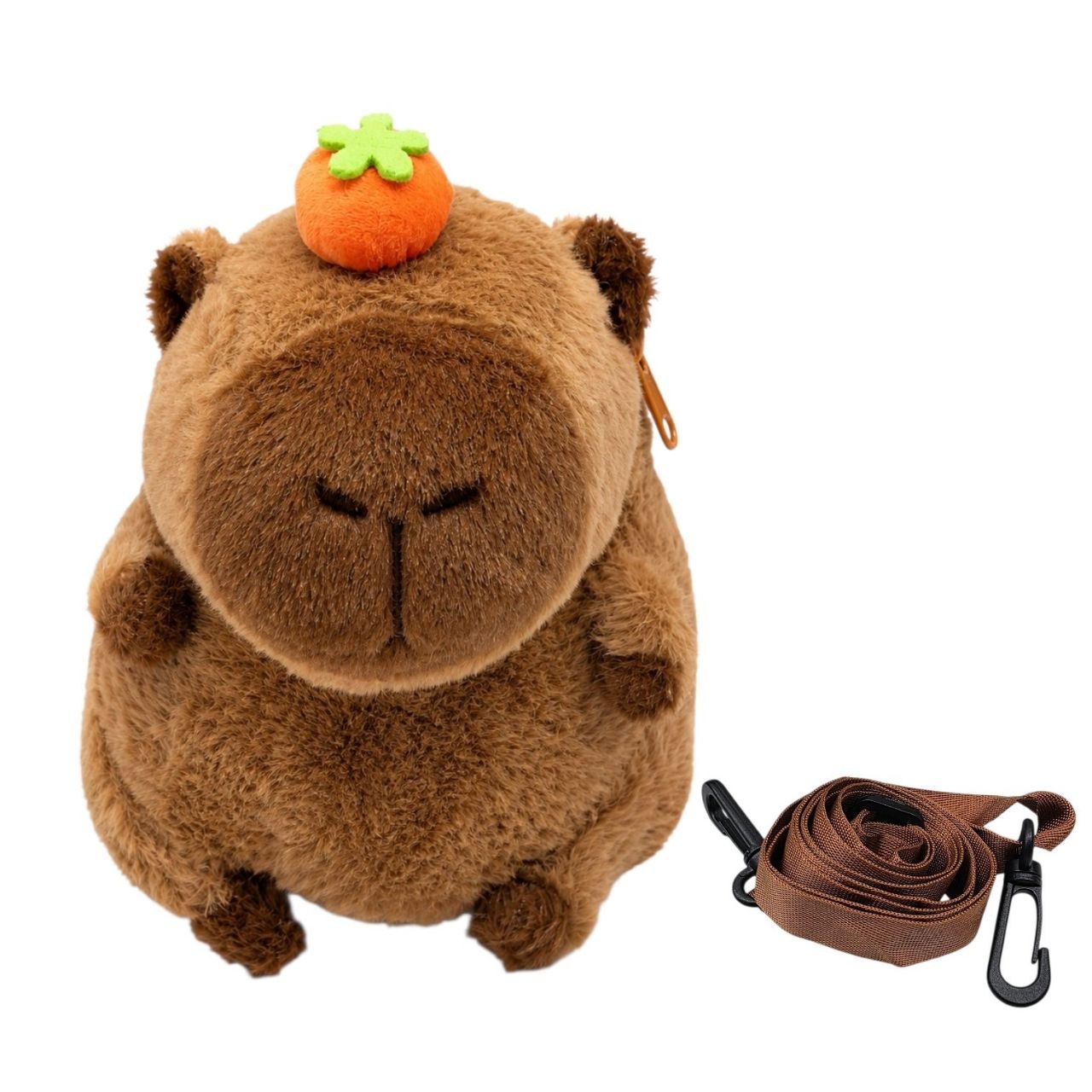 MOCHILA DE PELUCHE DE CAPIBARA PREMIUM BOLSO INFANTIL DE FELPA SUAVE CON FRUTA INTERACTIVA Y CORREAS AJUSTABLES  22x17 CM