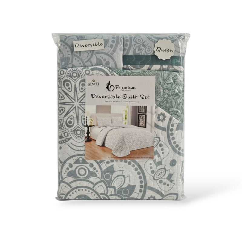 JUEGO DE SABANAS CAMERA EDREDON REVERSIBLE DE 3PCS QUEEN BENELI HOME