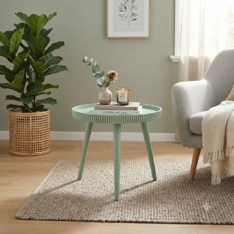 MESA LATERAL DE DISEÑO CONTEMPORÁNEO EN COLOR VERDE MENTA AUXILIAR REDONDA CON BANDEJA ACANALADA 48.3 x 50 CM