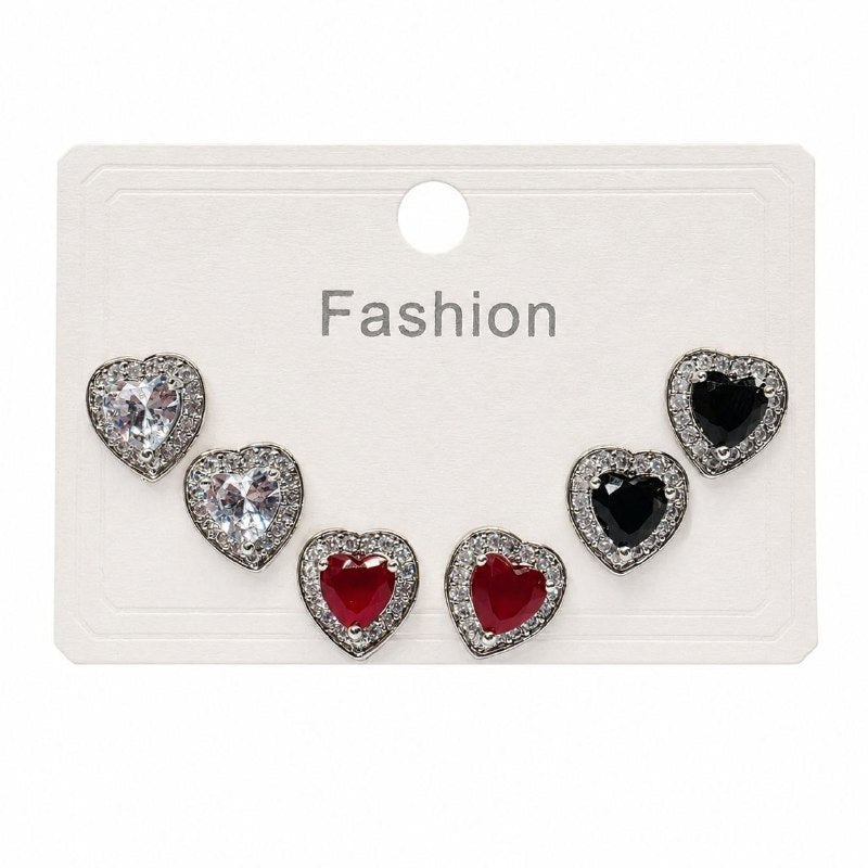 ARITOS DE ENCHAPE PARA DAMA CON DISEÑO CORAZONES BLANCO, ROJO Y NEGRO  2CM