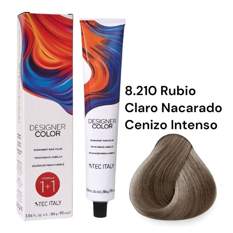 TINTE PERMANENTE PARA EL CABELLO EN CREMA RUBIO CLARO NACARADO CENIZO INTENSO 8.210 1+1 TEC ITALY 90ML
