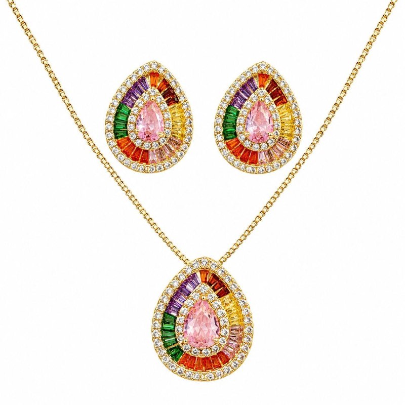 SET DE ENCHAPE PARA DAMA CADENA, DIJE Y TOPOS CORAZÓN ABOMBADO EN PAVÉ DE CIRCONES (Copia)