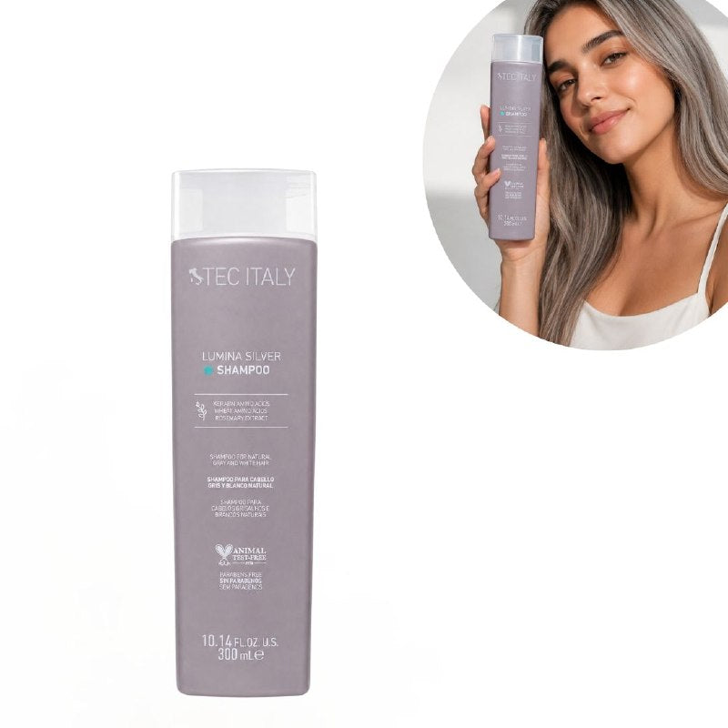 SHAMPOO MATIZADOR PARA CABELLO GRIS Y BLANCO NATURAL CON AMINOACIDOS DE QUERATINA Y TRIGO EXTRACTO DE ROMERO TEC ITALY 300ML