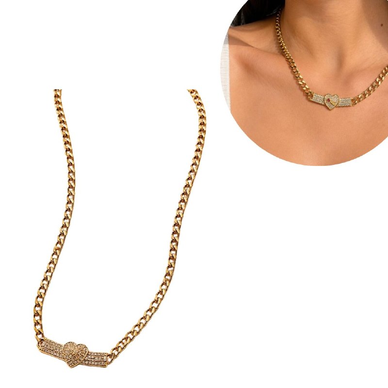 COLLAR DE ENCHAPE PARA DAMA CON CADENA GRUMET Y PLACAS CON CORAZÓN EN PAVÉ DE CIRCONES