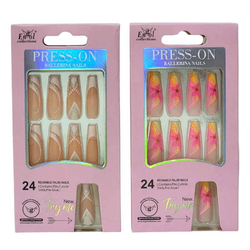 SET DE 24 UÑAS POSTIZAS REUTILIZABLES, LIMA, PALILLO PARA CUTICULA Y PEGAMENTO ENGOL COLLECTIONS