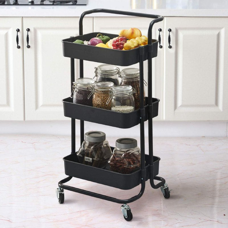 ESTANTE CARRITO DE ALMACENAMIENTO RODANTE DE 3 NIVELES PLASTICO COLOR NEGRO