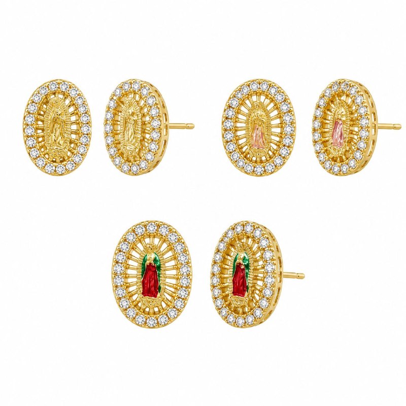 SET DE 3 PARES DE ARITOS DE ENCHAPE PARA DAMA CON DISEÑO DE LA VIRGEN DE SUYAPA 1CM