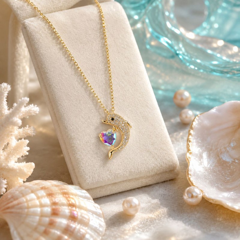 GARGANTILLA DE ENCHAPE PARA DAMA CON DISEÑO DE DELFÍN EN PAVÉ Y CORAZÓN DE CRISTAL AURORA BOREAL