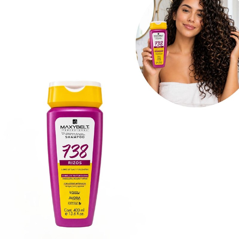 SHAMPOO DE LIMPIEZA SUAVE ESPECIALIZADO PARA CABELLO RIZADO CON ARGAN, COCO Y AGUACATE 738 MAXYBELT 400ML