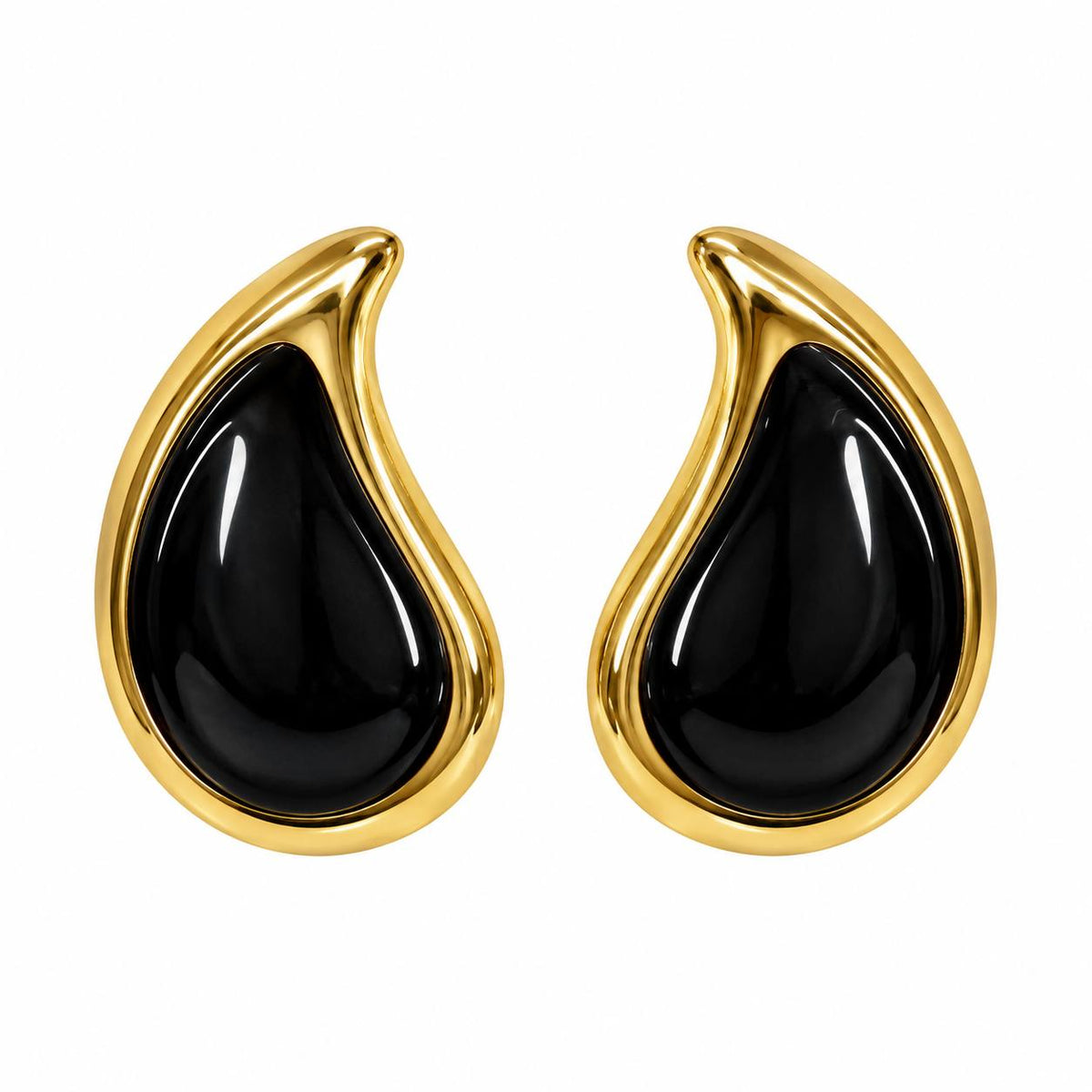ARITOS DE ENCHAPE PARA DAMA CON DISEÑO DE GOTA NEGRA Y BORDE DORADO 3CM