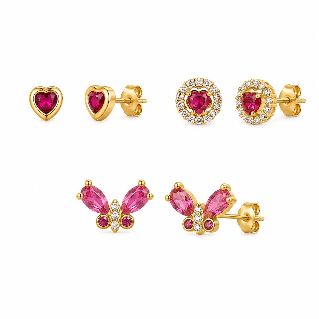 SET DE 3 PARES DE ARITOS DE ENCHAPE PARA DAMA CORAZÓN CON HALO DE CIRCONES, MARIPOSAS ROSADAS Y CORAZÓN SILUETA