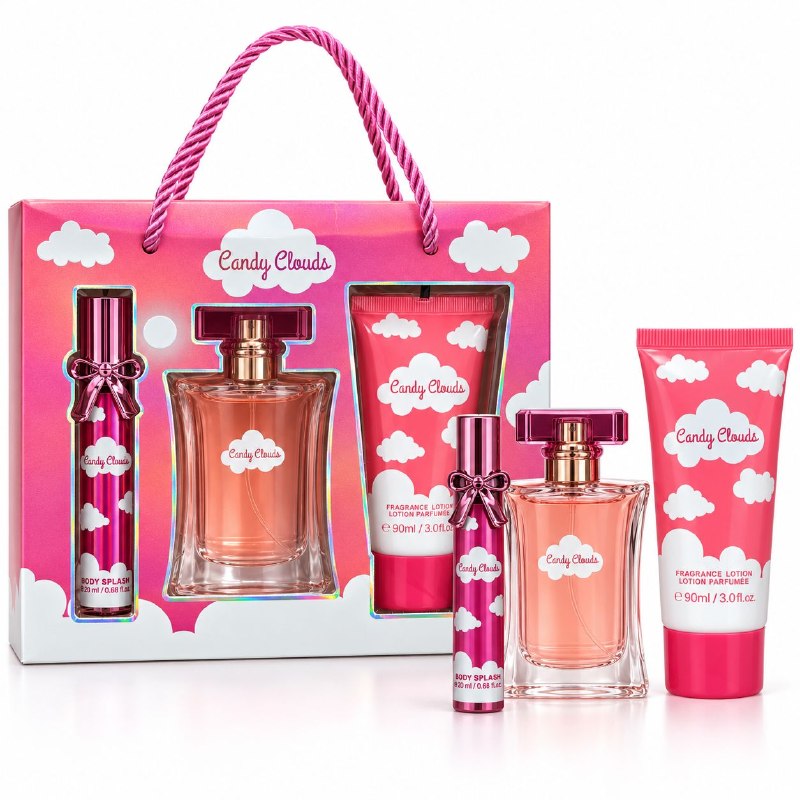 SET MYSTICAL CANDY CLOUDS EDP 20ML, SPLASH 50ML, BODY LOTION 90ML (M) (AROMA SIMILAR ARIANA GRANDE CLOUD PINK)