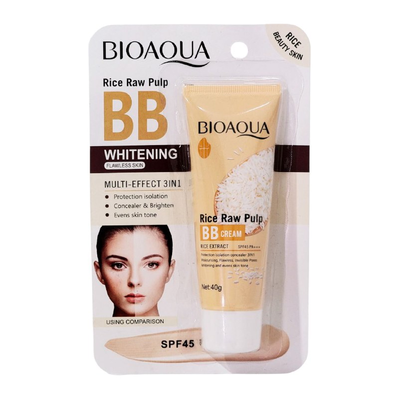BASE DE MAQUILLAJE DE PULPA CRUDA DE ARROZ, CREMA CON COLOR MULTIEFECTO 3 EN 1, PROTECTOR, CORRECTOR E ILUMINADOR, UNIFICADOR SPF45PA TONO #2 NATURAL BIOAQUA 40G