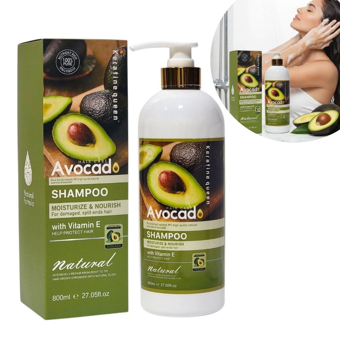 SHAMPOO PARA EL CABELLO DE AGUACATE HIDRATANTE Y NUTRITIVO, ESPECIAL PARA CABELLO DAÑADO Y CON PUNTAS ABIERTAS, CON VITAMINA E, COLAGENO Y VITAMINA C, REPARA DESDE LA RAIZ HASTA LAS PUNTAS DEJANDO SUAVE Y BRILLANTE KERATINE QUEEN 800ML