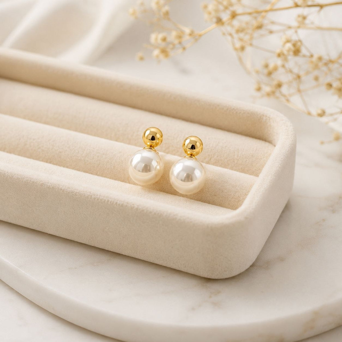 ARETES DE ENCHAPE PARA DAMA DOBLE ESFERA CON PERLA LAMINADA