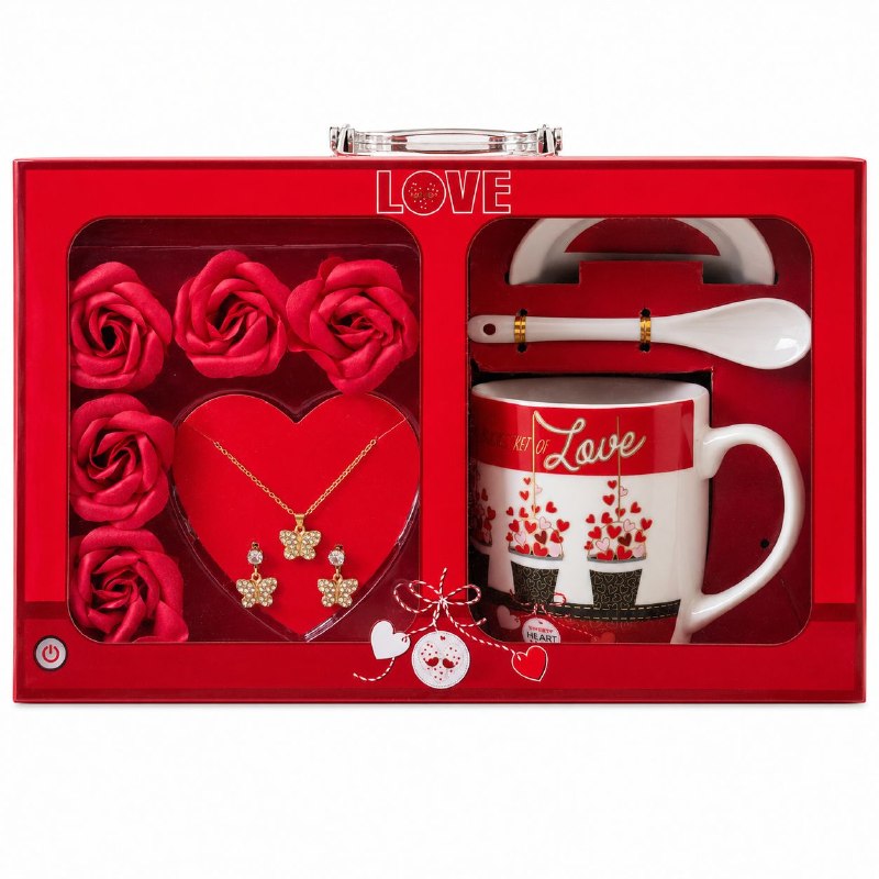 SET DE REGALO DE 9 PIEZAS LOVE (TAZA, PLATO, CUCHARA, SET DE JOYERÍA Y ROSAS) 1 UND