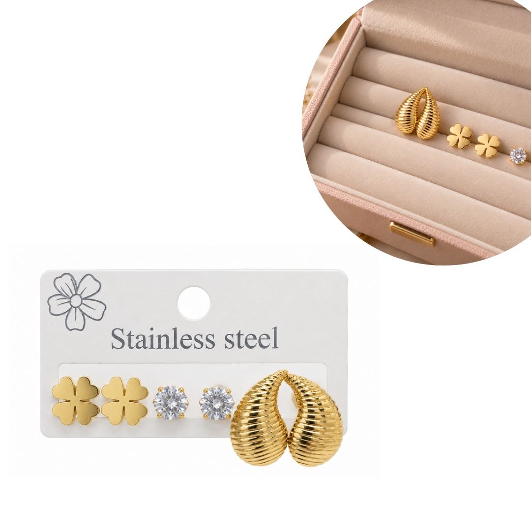 SET DE ARITOS DE ENCHAPE PARA DAMA JUEGO DE 3 PARES CON DISEÑOS DE TRÉBOL, CIRCÓN Y ARGOLLAS ABULTADAS TEXTURIZADAS 0.8CM, 0.6CM Y 2CM