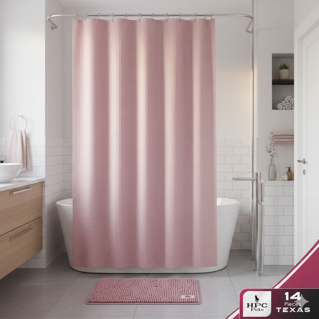 SET DE BAÑO DE ALFOMBRA Y CORTINA COLOR ROSA 3PCS HPC POLO