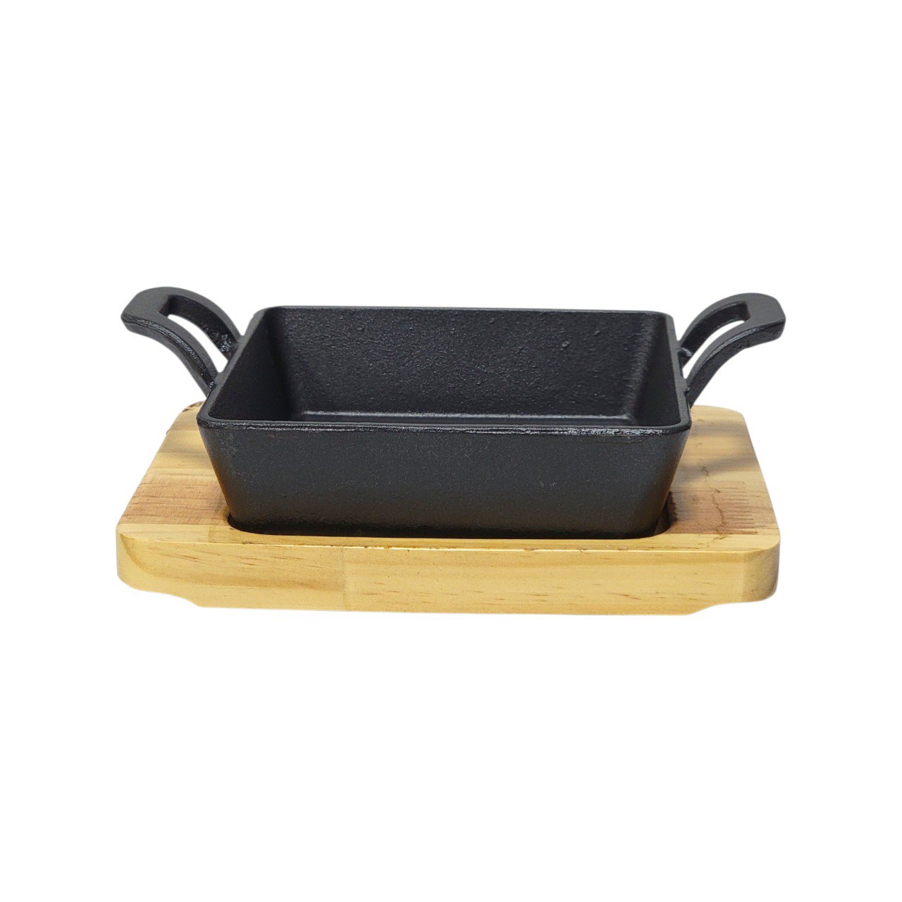 SARTEN CUADRADO DE HIERRO FUNDIDO CON BASE DE MADERA