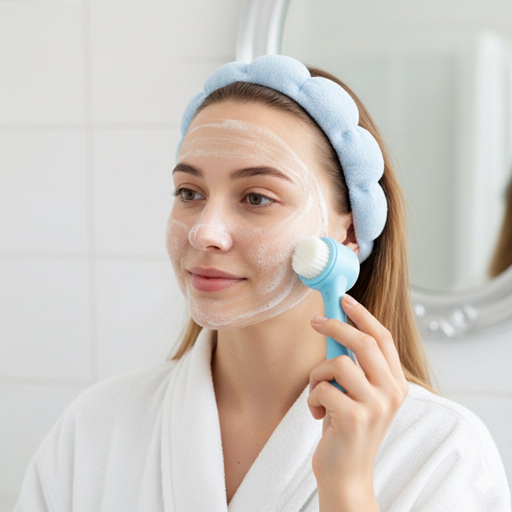 SET DE CUIDADO FACIAL DE 2 PIEZAS, VINCHA Y CEPILLO FACIAL DUAL DE 13CM