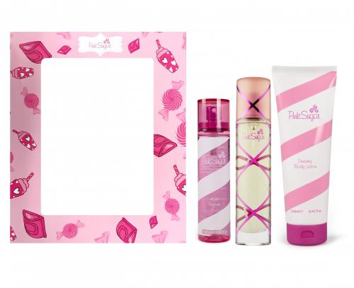 PINK SUGAR 3 PCS SET: 3.4 EAU DE TOILETTE SPRAY + 3.38 PERFUME PARA EL CABELLO + 8.45 LOCIÓN CORPORAL