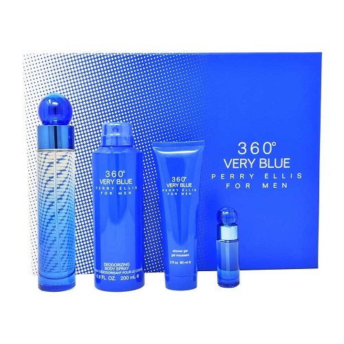 SET 360 VERY BLUE 4 PCS SET PARA HOMBRES: 3.4 EAU DE TOILETTE SPRAY + 6.8 SPRAY CORPORAL DESODORIZANTE + GEL DE DUCHA DE 3 OZ + 0.25 EAU DE TOILETTE SPRAY