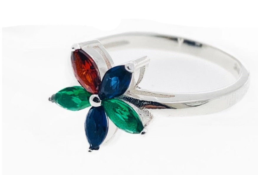 PANI1209 ANILLO DE FLOR CON PIEDRAS DE COLORES, PLATA 925