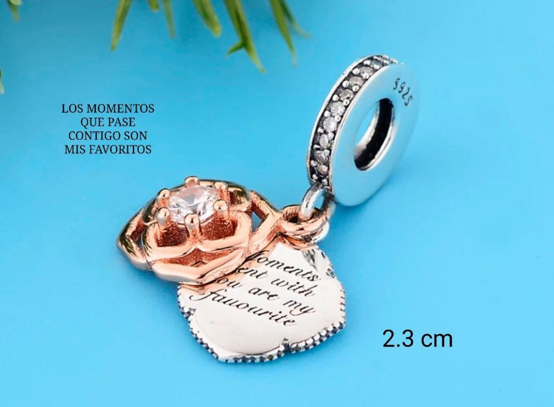 PCHARM2641    COLGANTE DOBLE DE FLOR ROSE CON MENSAJE