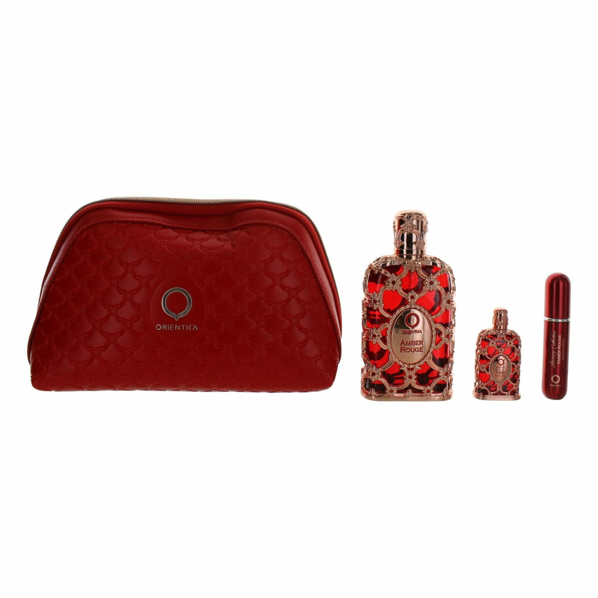 SET ORIENTICA AMBER ROUGE LUXURY COLLECTION EDP 80ML,MINI EDP 7.5ML,ATOMIZADOR,BOLSA DE REGALO