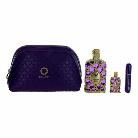 SET ORIENTICA VELVET GOLD LUXURY COLLECTION EDP 80ML,MINI EDP 7.5ML,ATOMIZADOR,BOLSA DE REGALO