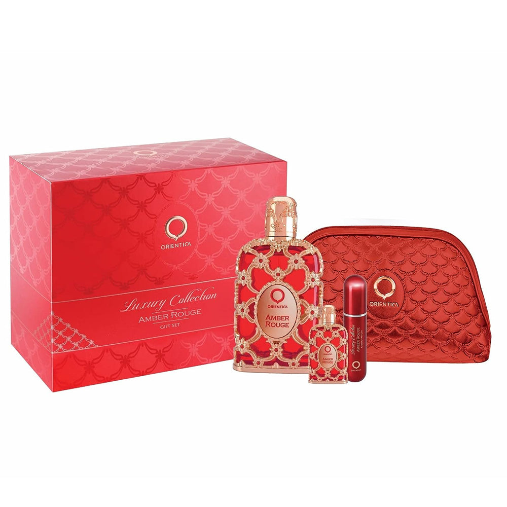 SET ORIENTICA AMBER ROUGE LUXURY COLLECTION EDP 80ML,MINI EDP 7.5ML,ATOMIZADOR,BOLSA DE REGALO