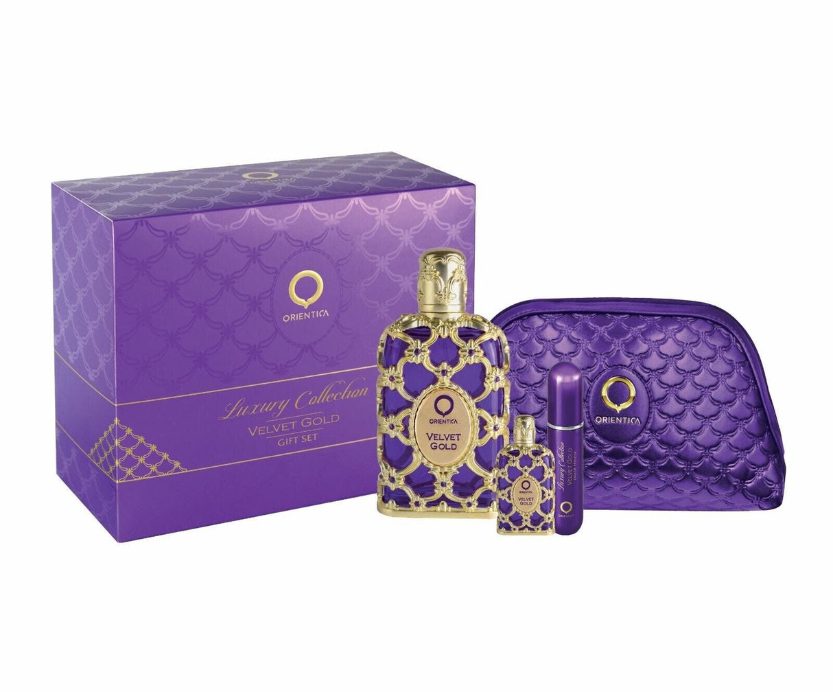 SET ORIENTICA VELVET GOLD LUXURY COLLECTION EDP 80ML,MINI EDP 7.5ML,ATOMIZADOR,BOLSA DE REGALO