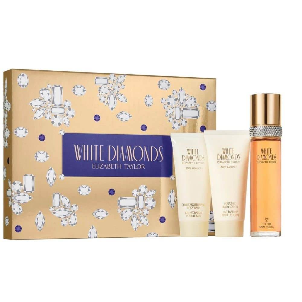 SET ELIZABETH TAYLOR WHITE DIAMONDS EDT 100ML,GEL DE BAÑO 100ML,CREMA 100ML